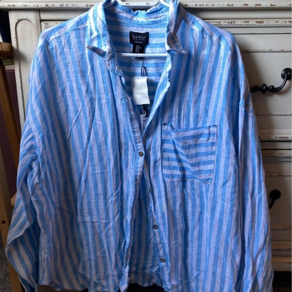 Blue striped 100% linen long sleeve shirt classic preppy Ralph Lauren style(XL)